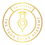 A gold and white logo on a black background.