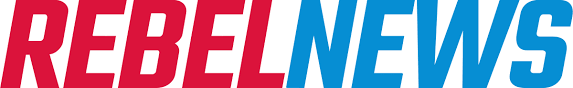 Rebel news logo with a red and blue background.