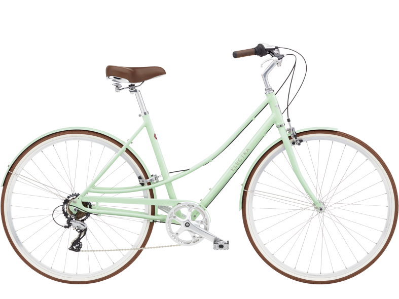 A light green city bicycle with a brown saddle and handles, standing against a plain white background.