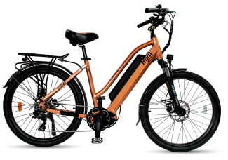 Modern electric bicycle in orange and black with a rear rack, standing on a transparent background.