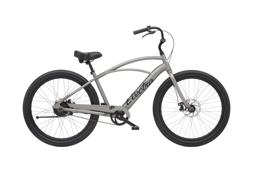 A silver Electra Go! bicycle with black handlebars and seat, single gear, and large black tires.