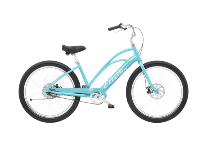 A light blue Electra cruiser bicycle with a step-through frame, black seat, black tires, and silver handlebars.