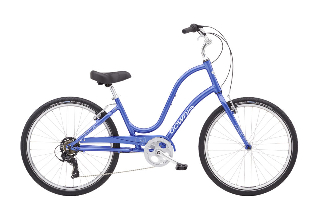 A blue step-through frame bicycle with black tires, a black seat, and a white chain guard. It has a rear gear derailleur and hand brakes.