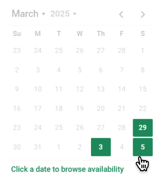 Calendar interface showing March 2025 with highlighted dates: 1, 29, and 5. A cursor is hovering over March 5.